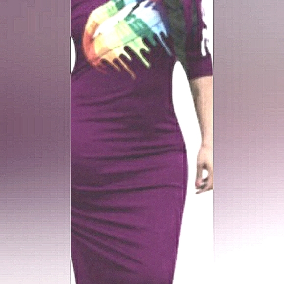 Sexy Plum Purple Bodycon Rainbow Lips Maxi Dress size S - Picture 2 of 14